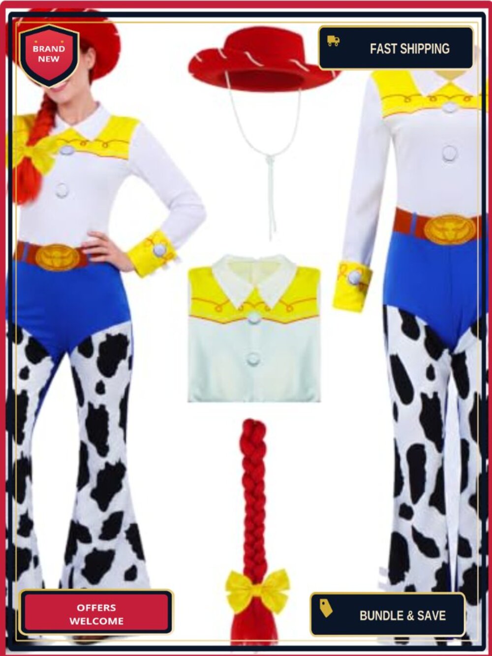 PAINEOMN Women's Cowgirl Jumpsuit Costume Set with Hat Wig Braid Bowknot